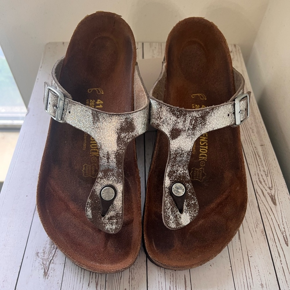 Birkenstock Shiny Silver and Brown Sandals